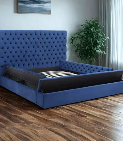 Blue Upholstered Platform Bed with Storage