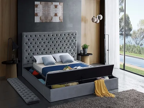 Grey Upholstered Platform Bed with Storage